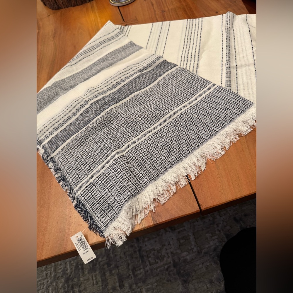 Banana Republic Factory Blue White Cotton Linen Scarf NWT Lightweight Fringed